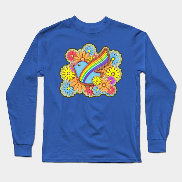 Hippie Flower Power Rainbow Dove Long Sleeve T-Shirt by AlondraHanley